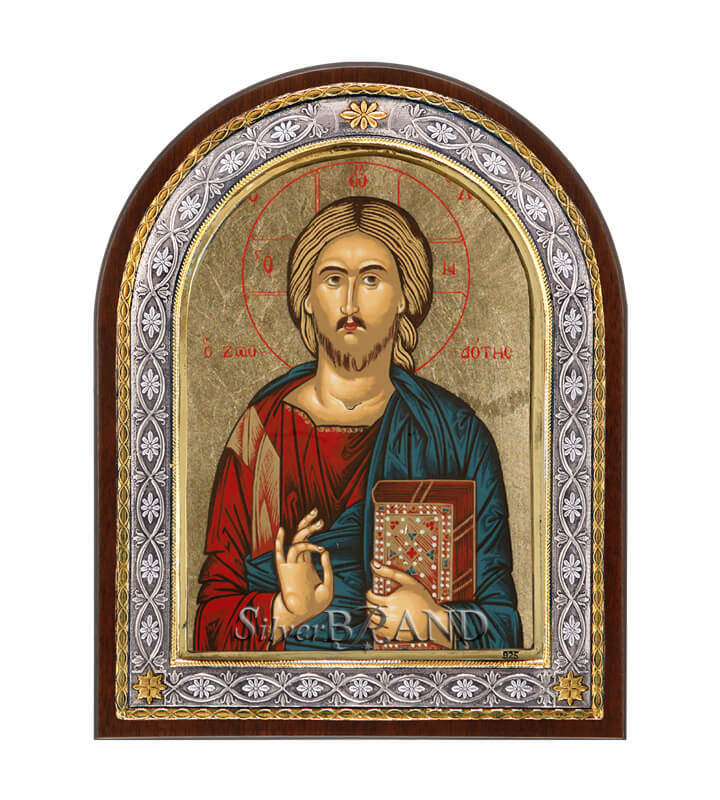 Χριστός Ζωοδότης Ασημένια Εικόνα με Μεταξοτυπία 23x18cm